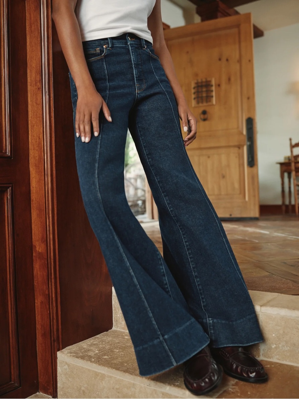 NWT Good American Good Waist Palazzo Jeans Front Seams Dark Indigo